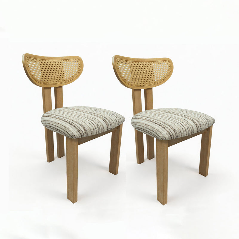 Pair of dining chairs with striped upholstered seats, wooden frames, and woven rattan backs