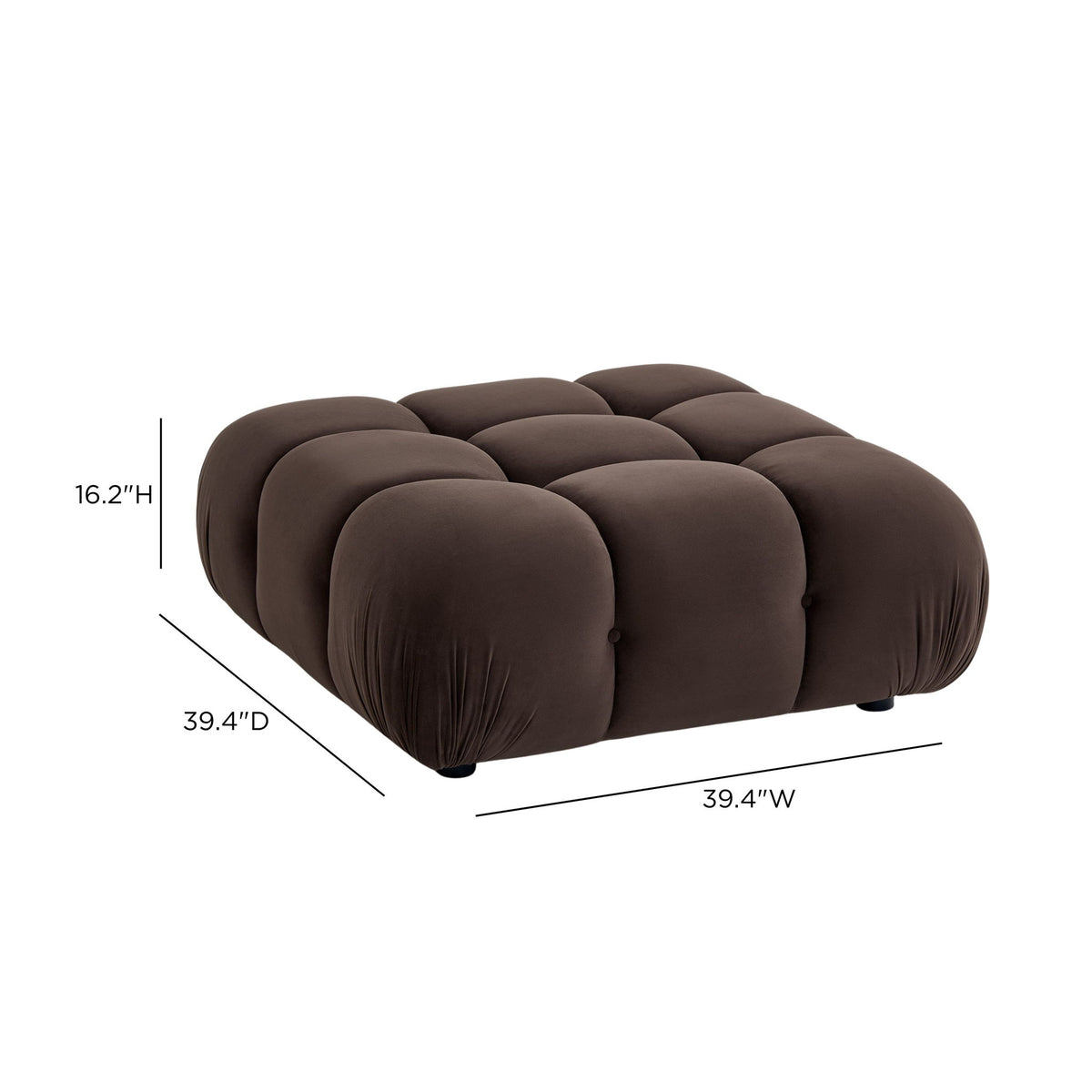 Dark brown modular ottoman, tufted cube design, with shown dimensions