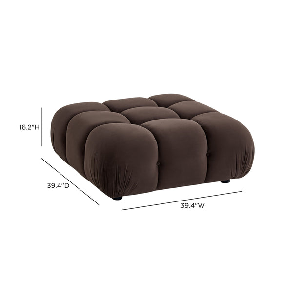 Dark brown modular ottoman, tufted cube design, with shown dimensions
