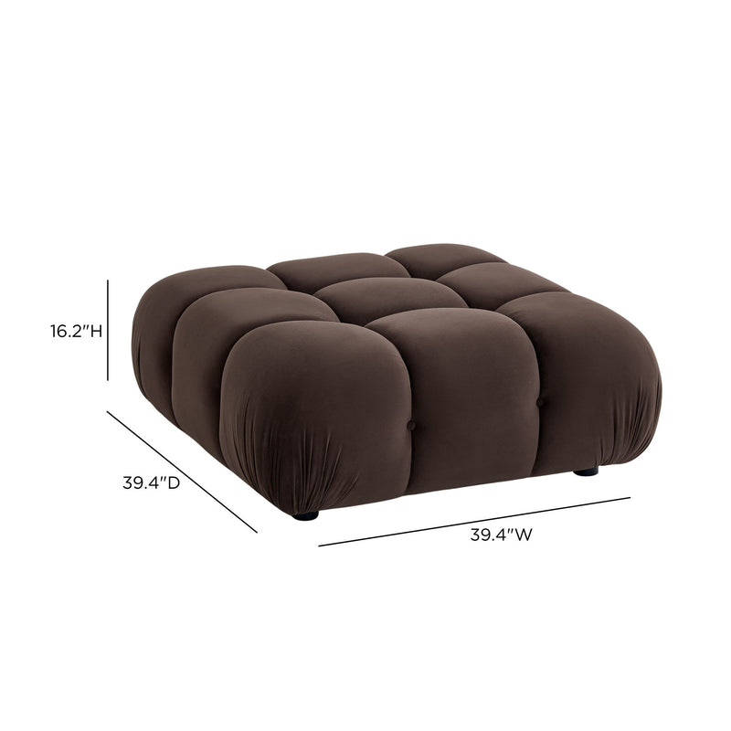 Dark brown modular ottoman, tufted cube design, with shown dimensions