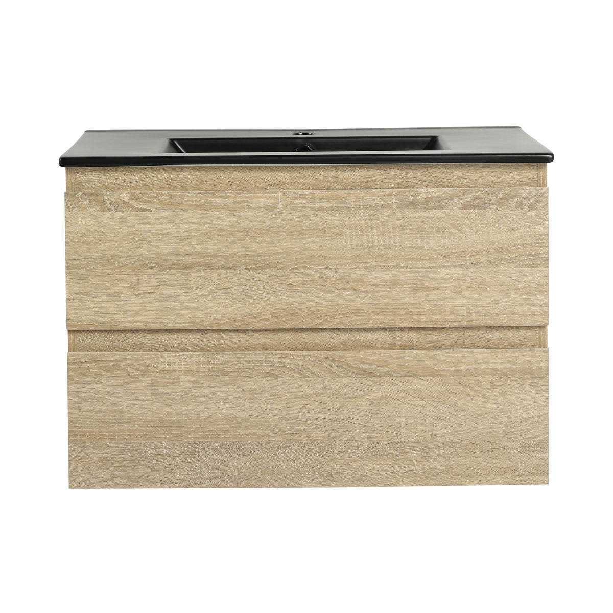Wall-mounted bathroom vanity with sink and two soft-close drawers, light wood front
