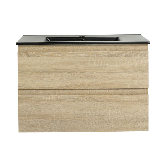 Wall-mounted bathroom vanity with sink and two soft-close drawers, light wood front