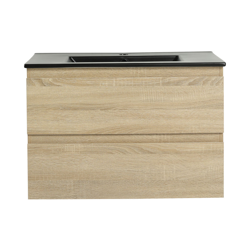 Wall-mounted bathroom vanity with sink and two soft-close drawers, light wood front