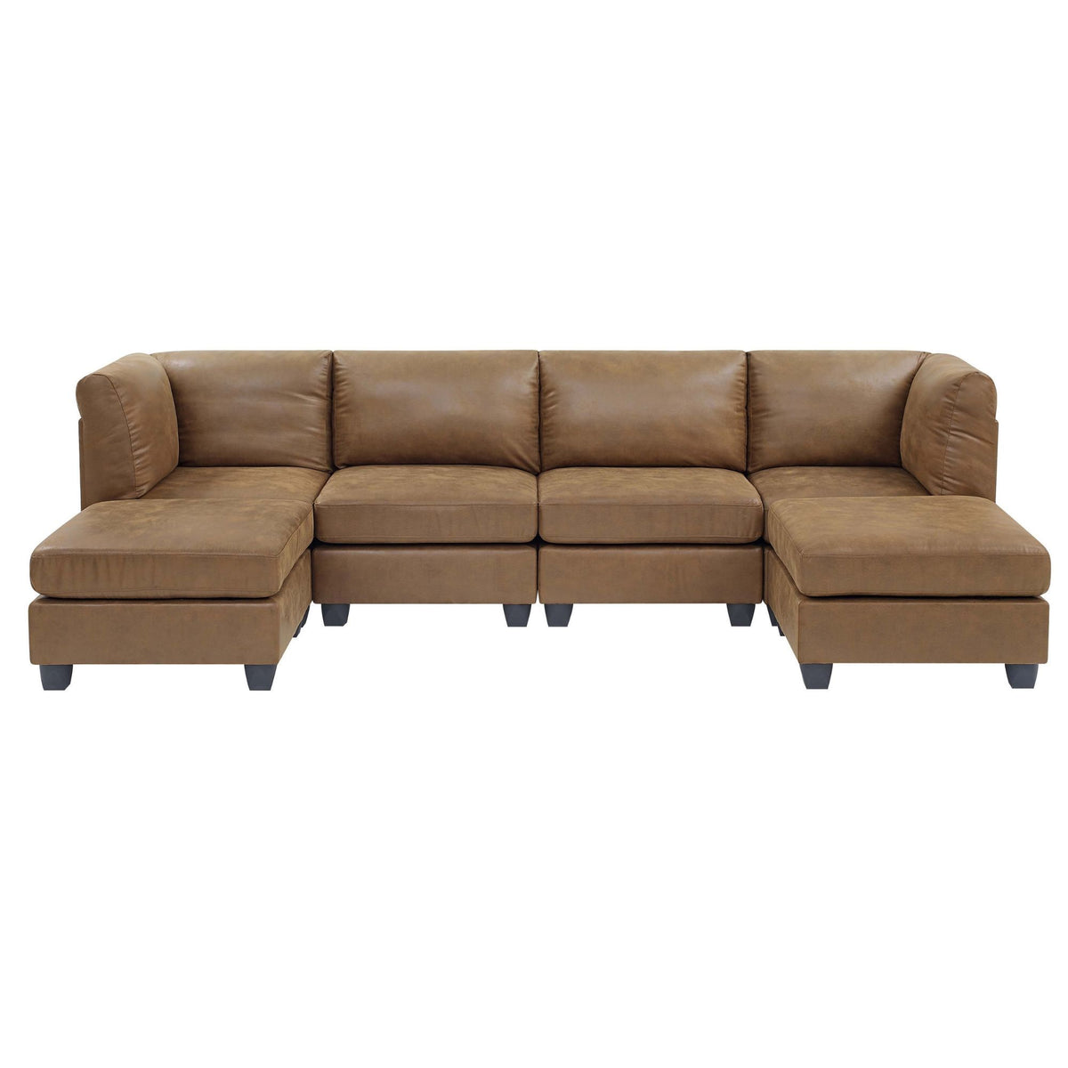 Brown modular sectional sofa with three seat backrests and chaise ottomans.
