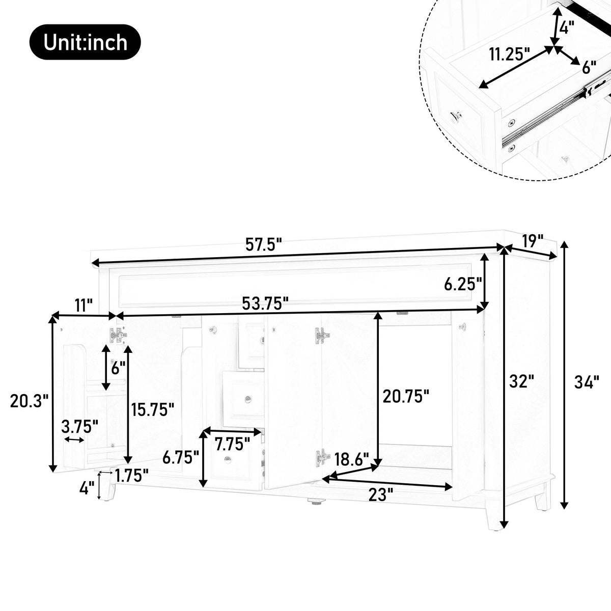 Bathroom vanity cabinet size diagram with 57.5 in width and 32 in height