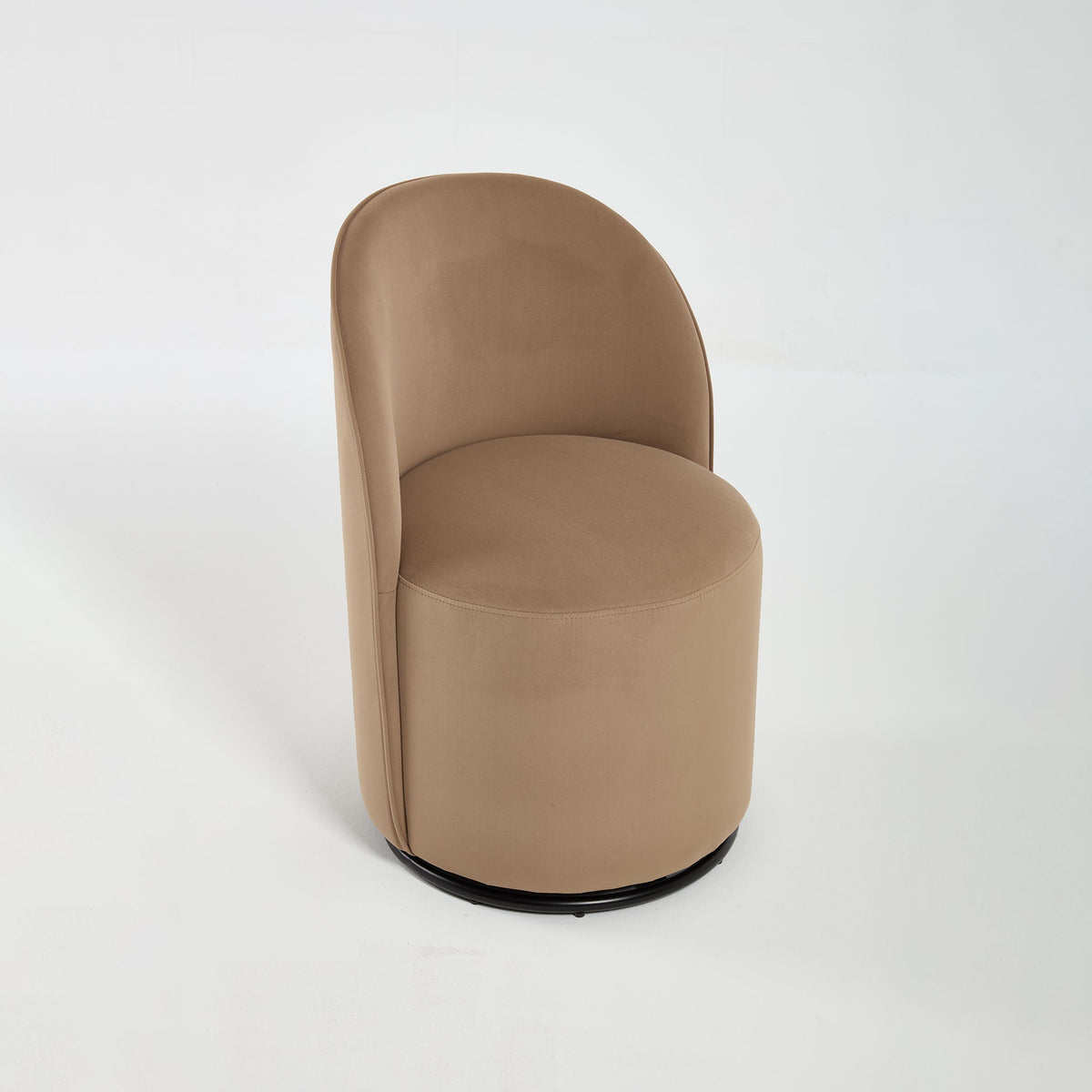 Light brown armless barrel dining chair with rounded back and cushioned seat, swivel base