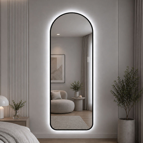Arched full-length LED mirror with black frame, glowing border in room