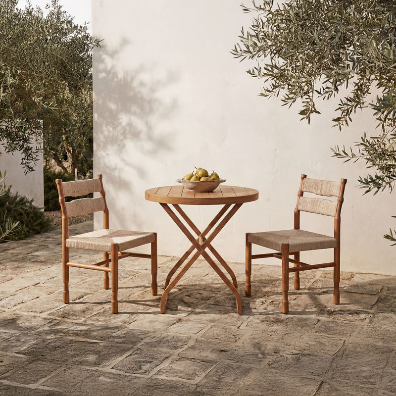 Outdoor bistro table with two chairs, natural round wood tabletop
