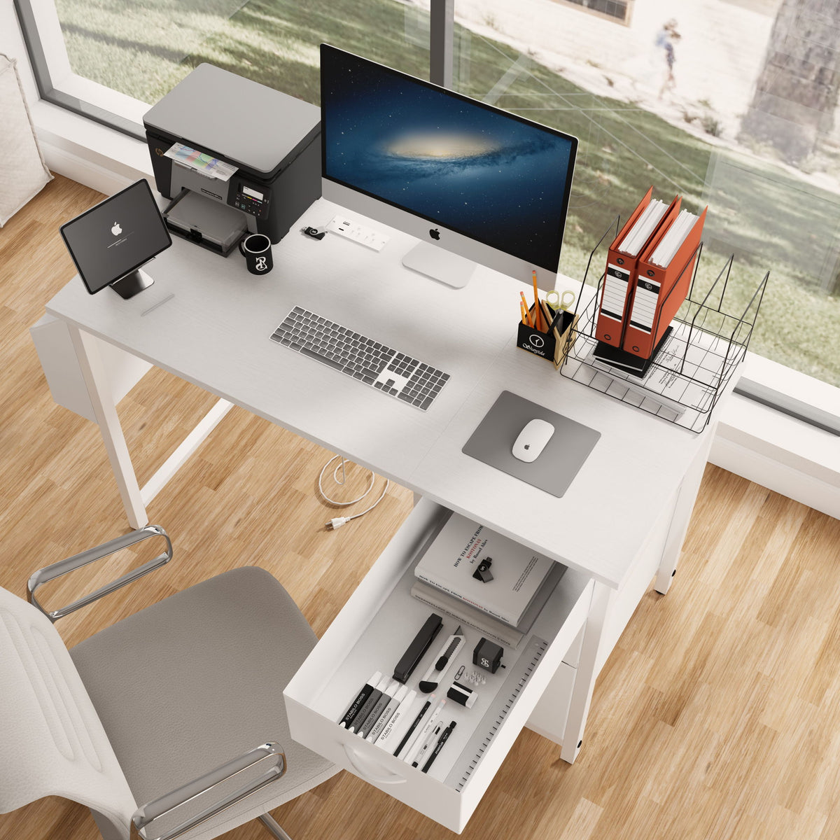Office Desk With Power Outlet, 3 Drawers And Side Pocket For Office - White