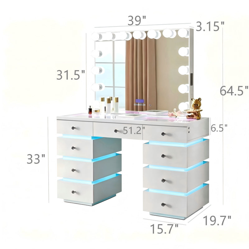 White vanity desk with lighted mirror and blue LED drawers, center vanity with 9 drawers