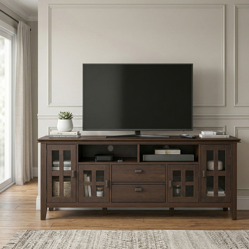 Brown TV media stand with open shelves, glass doors, and two drawers for consoles