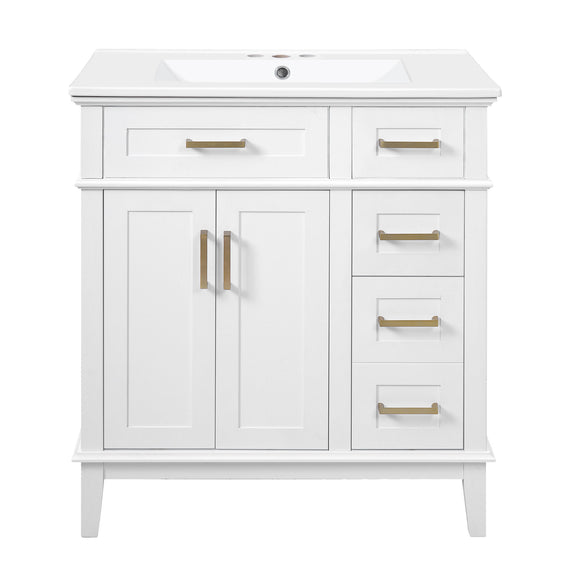 White bathroom vanity with sink, two doors, four drawers, and gold bar handles.