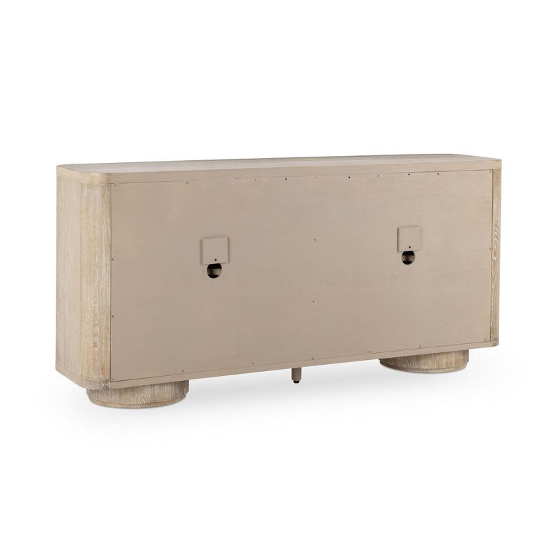 Cream washed 4-door buffet back with two cutout openings and curved feet