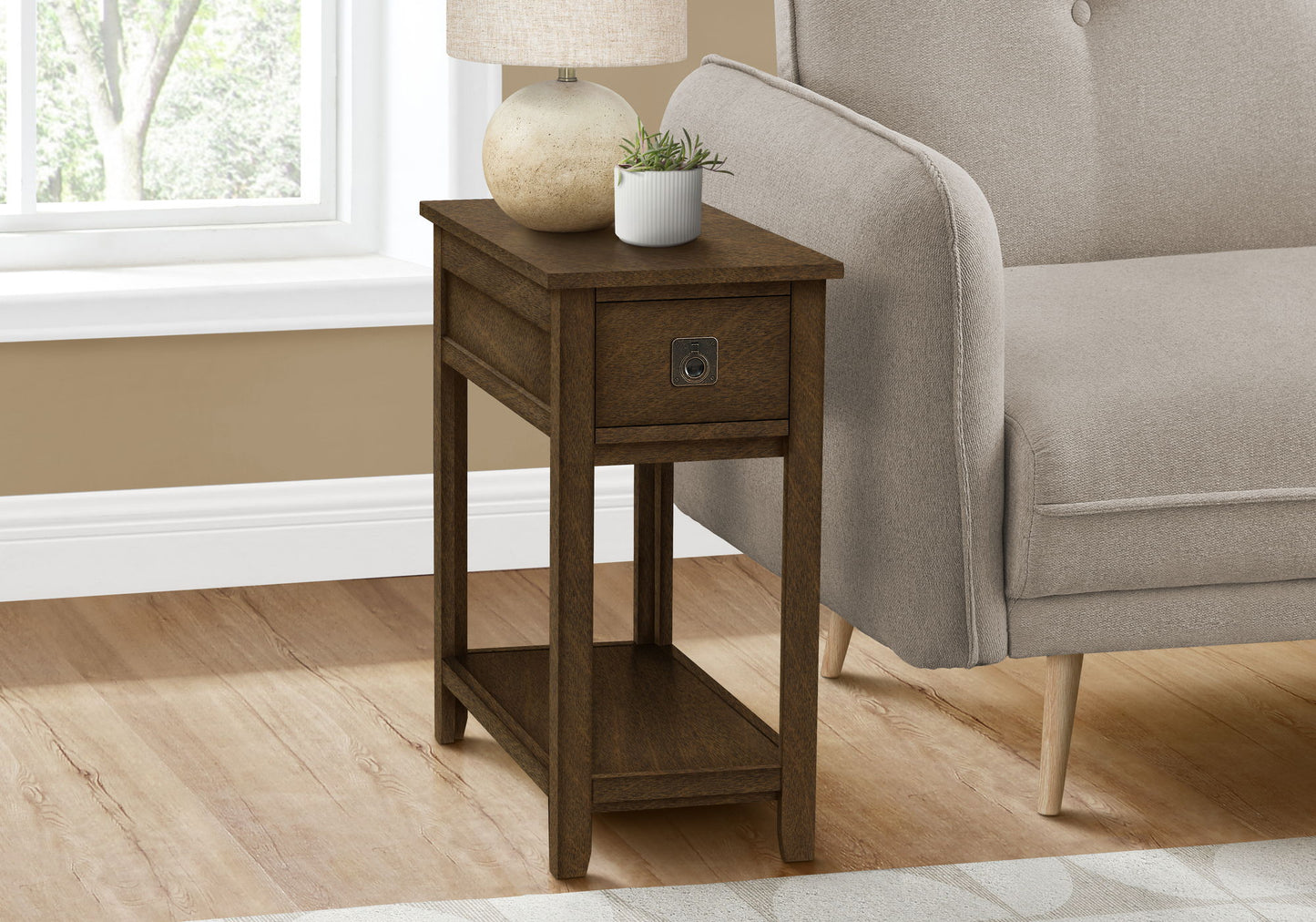 Accent End Table, 2 Tier, Narrow, Lamp, Storage Drawer, Charming Design