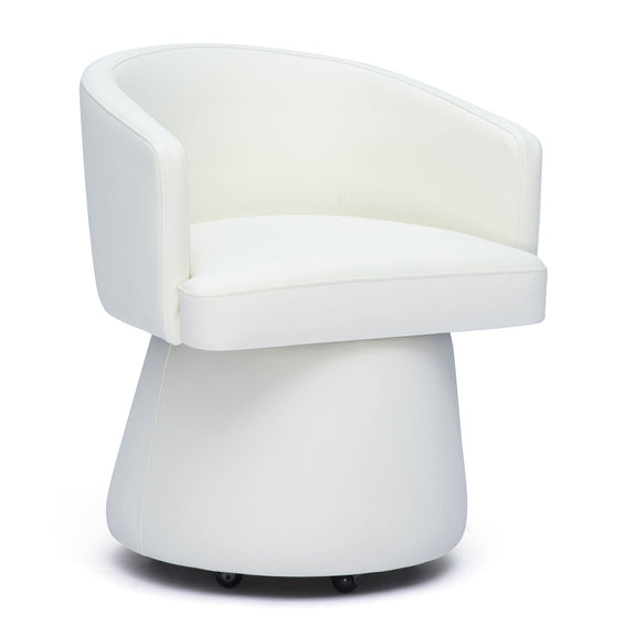 Light cream faux leather desk chair with rounded back, cushioned seat, and swivel base
