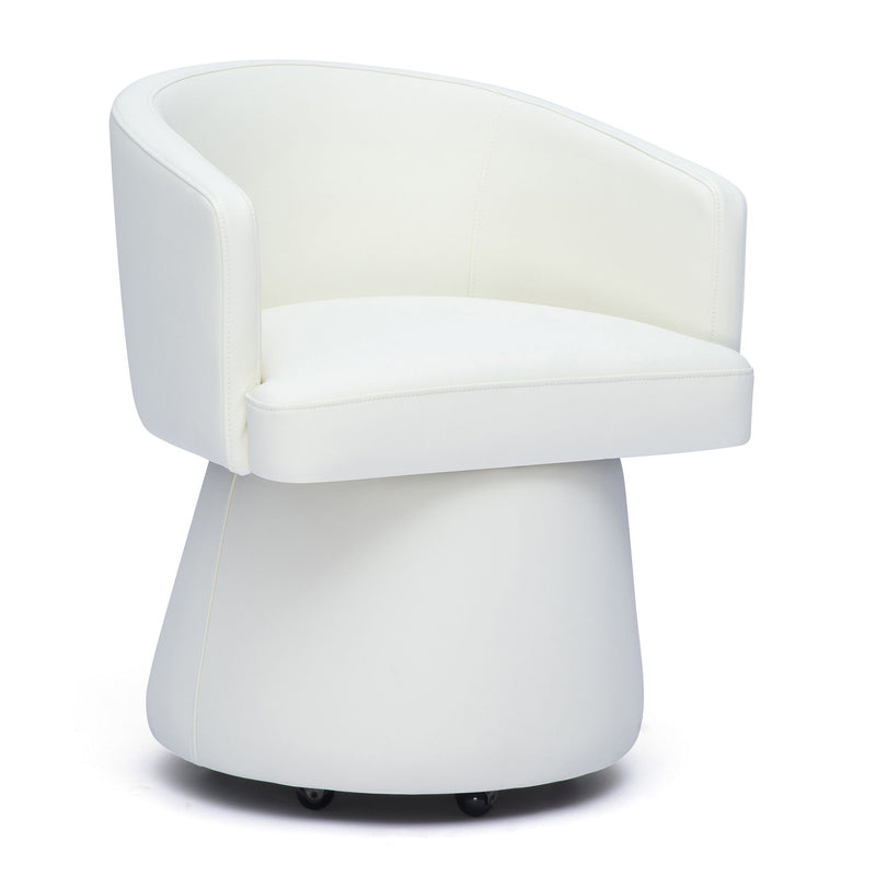 Light cream faux leather desk chair with rounded back, cushioned seat, and swivel base