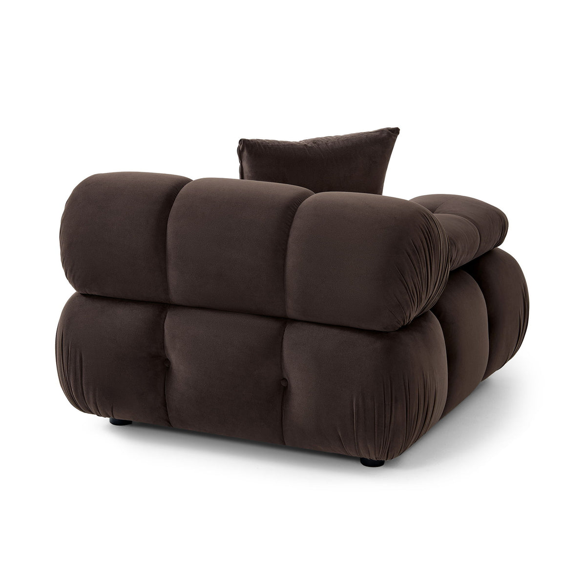 Dark brown modular corner chair side view with deep seat and plush armrests.