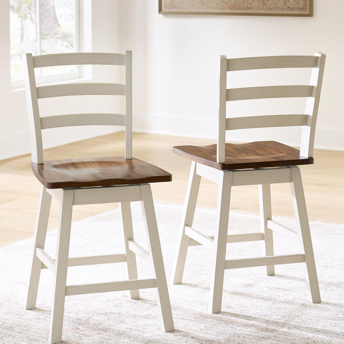 Swivel stool set of 2 with brown seats and antique white ladder backs