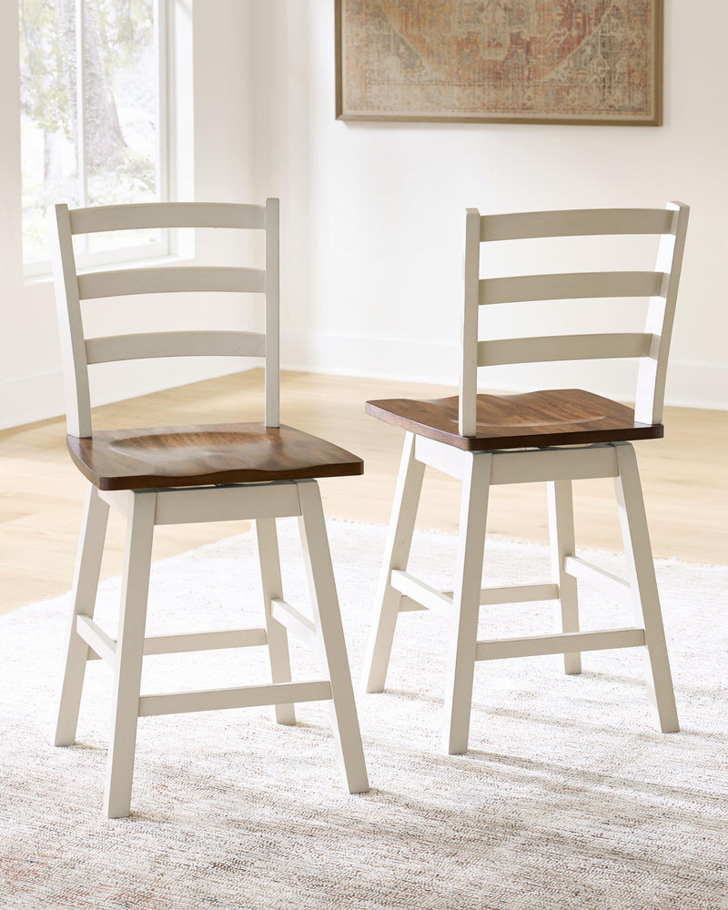 Swivel stool set of 2 with brown seats and antique white ladder backs