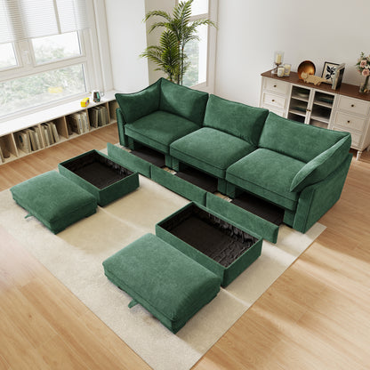 3-Seater Modular U-Shaped Chenille Sectional Sofa - Green Chenille