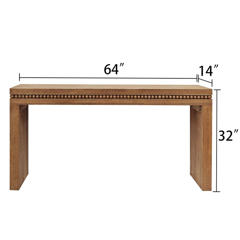 Rectangular wood console table, 64 in wide with beaded trim, 32 in high