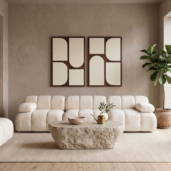 Two-piece wall art set with dark frames and beige abstract rounded panels on wall.
