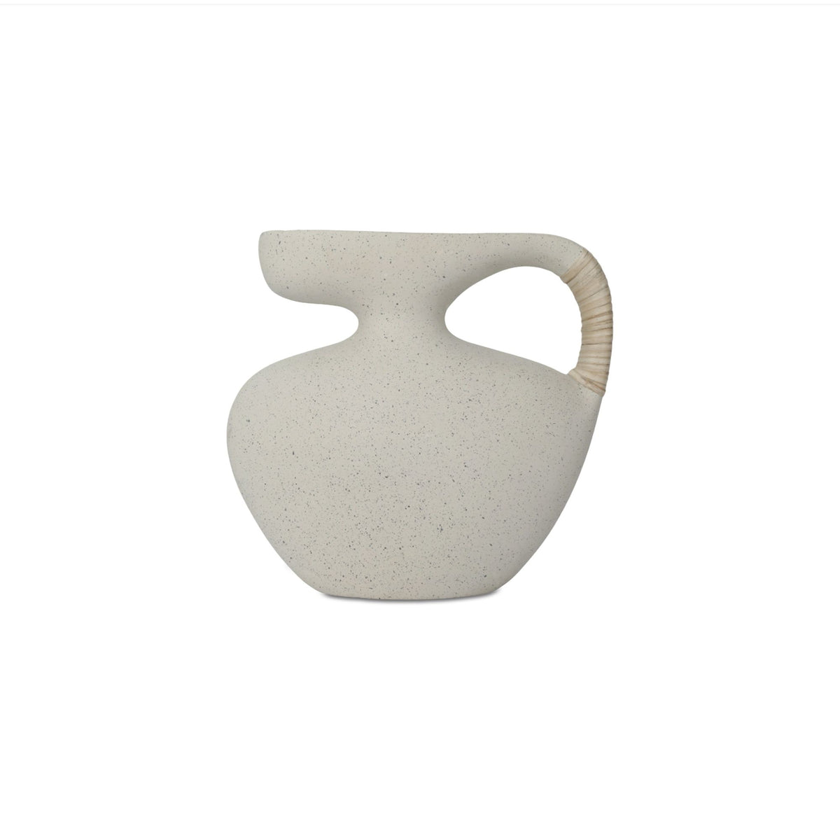Cream sculptural ceramic vessel with ribbed side handle and speckled surface