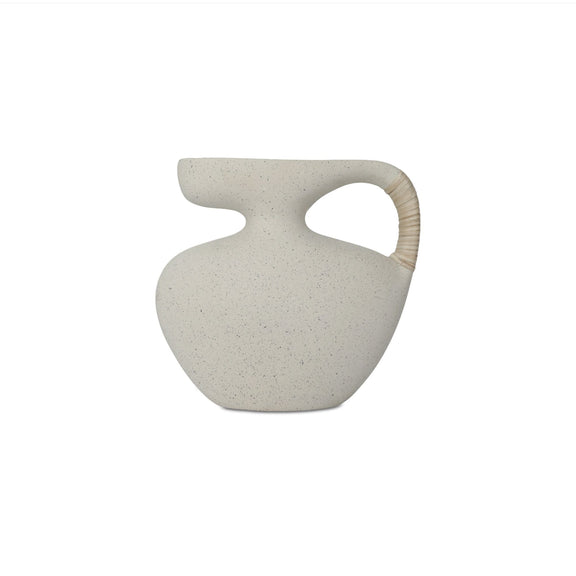 Cream sculptural ceramic vessel with ribbed side handle and speckled surface
