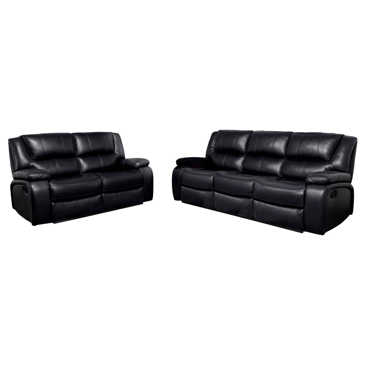2-piece manual reclining sofa set, black leather-look upholstery with loveseat and sofa