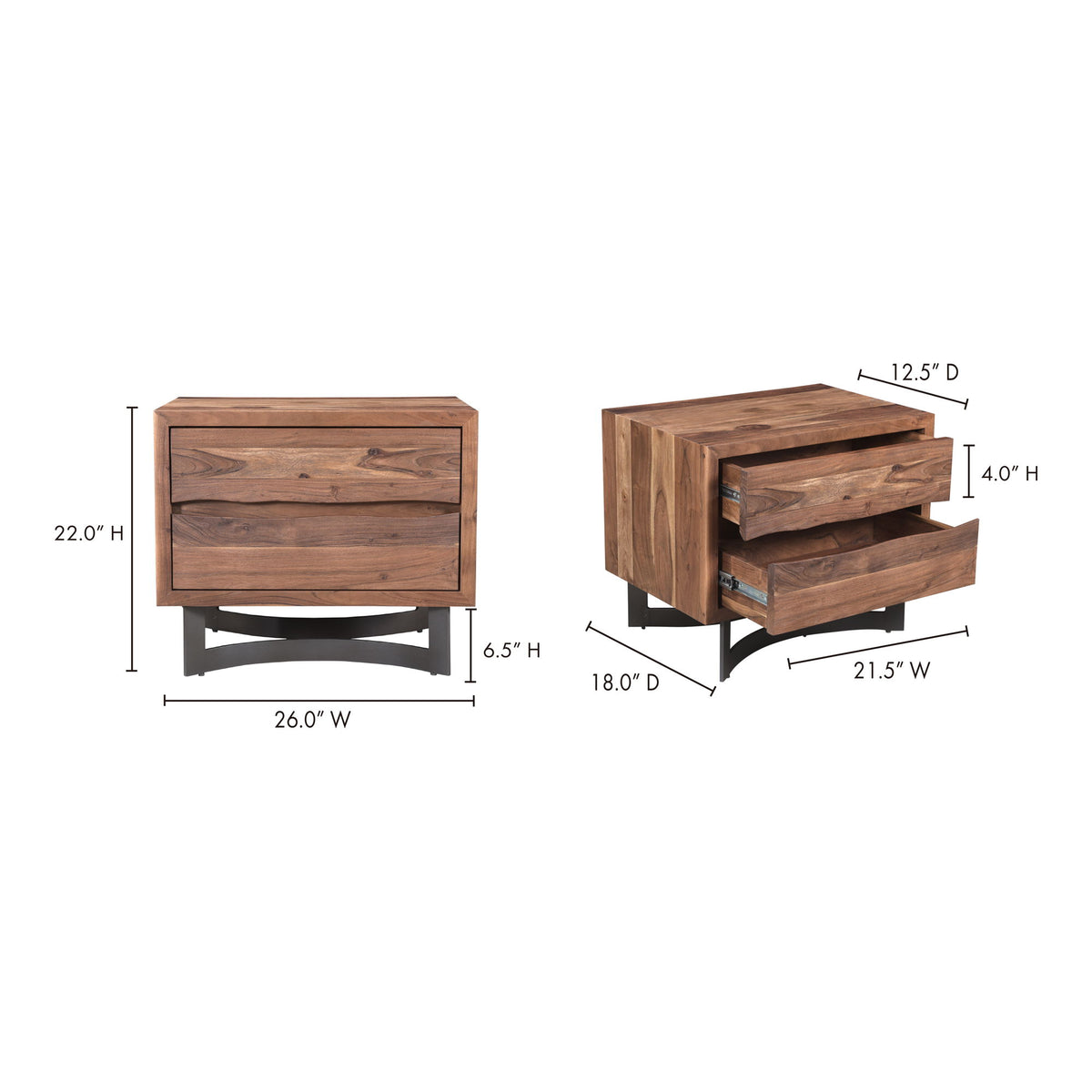 Smoked wood two-drawer nightstand, side view with tapered dark base