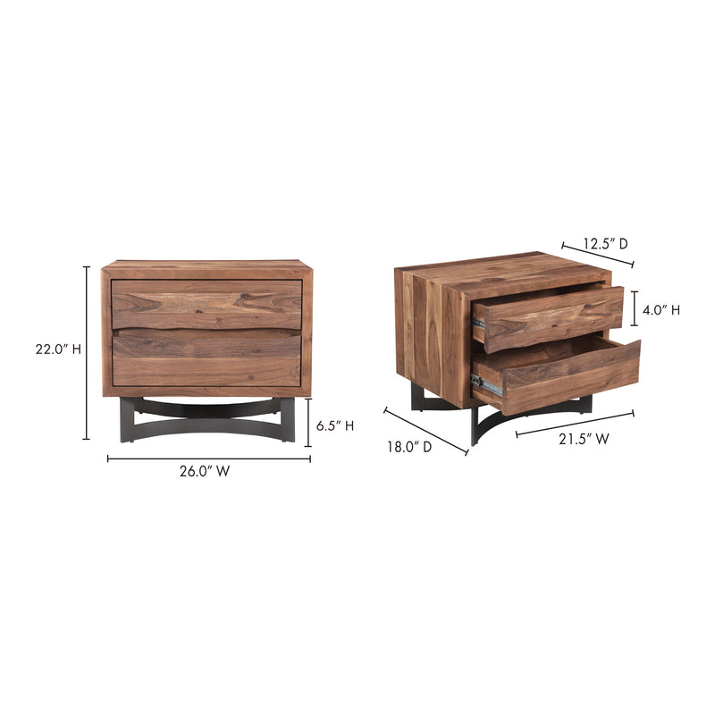 Smoked wood two-drawer nightstand, side view with tapered dark base