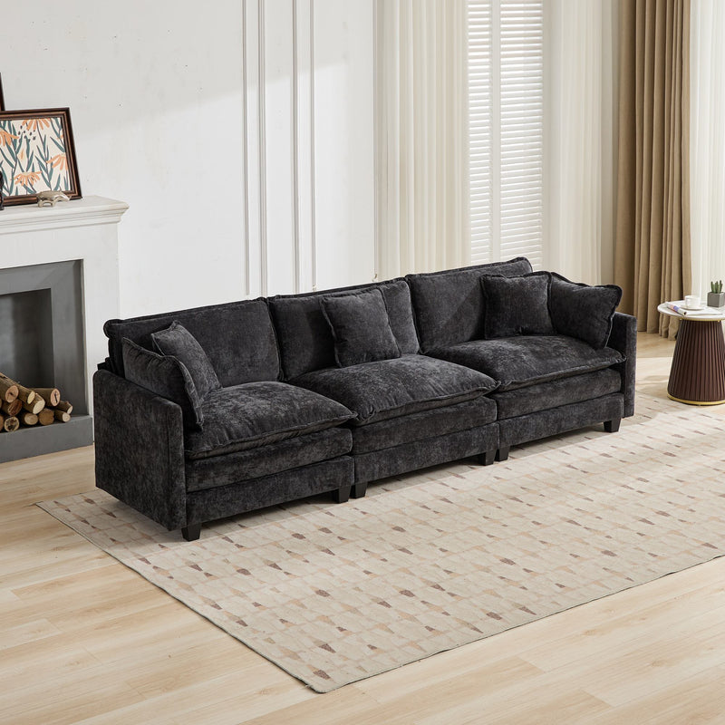 Cloud Sofa 3 Seats (Ottoman is not included), Modern Sectional Couch, for Living Room Bedroom and Apartment, Comfy Double Layer Upholstered Seat Cushion, Breathable Chenille Fabric, Black,SW5013BK