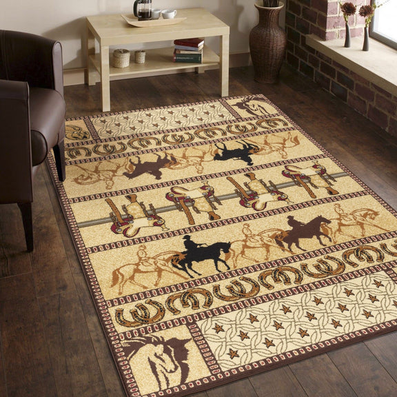 Southwest area rug in beige with animal motifs, medallions, and dark border