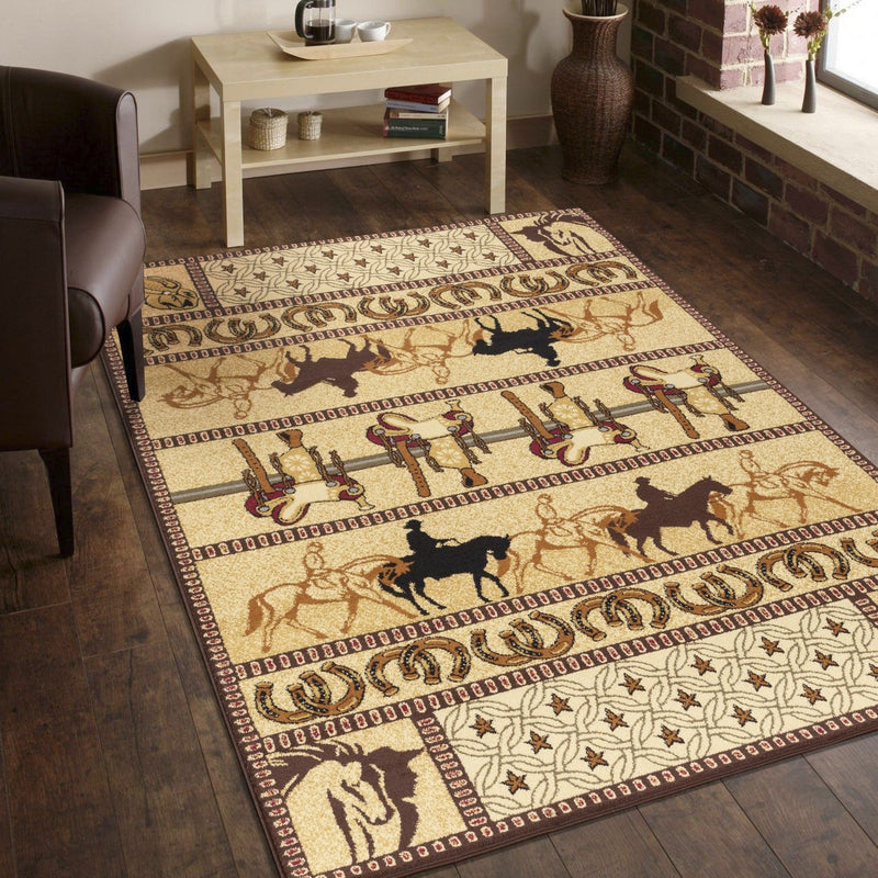 Southwest area rug in beige with animal motifs, medallions, and dark border