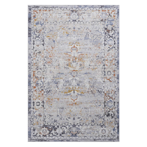 Rectangular traditional area rug with ivory, gray-blue, and muted orange distressed pattern.