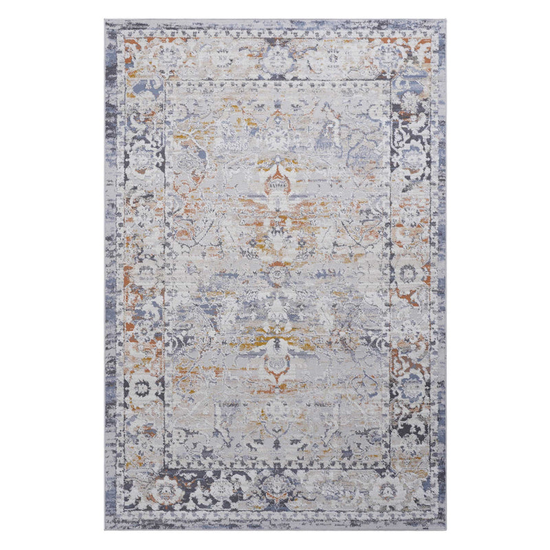 Rectangular traditional area rug with ivory, gray-blue, and muted orange distressed pattern.