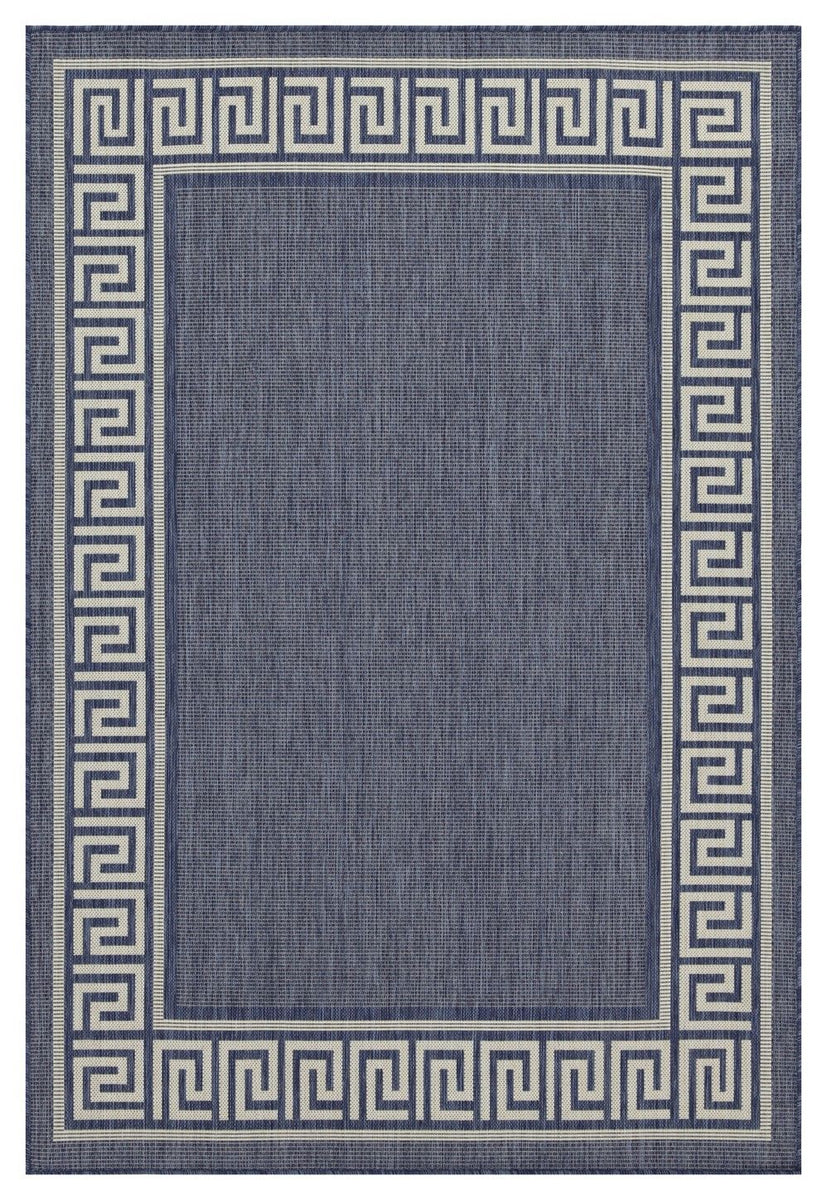 Indoor/outdoor area rug in blue with Greek key border and blue center panel