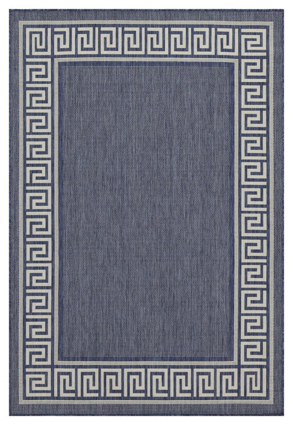 Indoor/outdoor area rug in blue with Greek key border and blue center panel