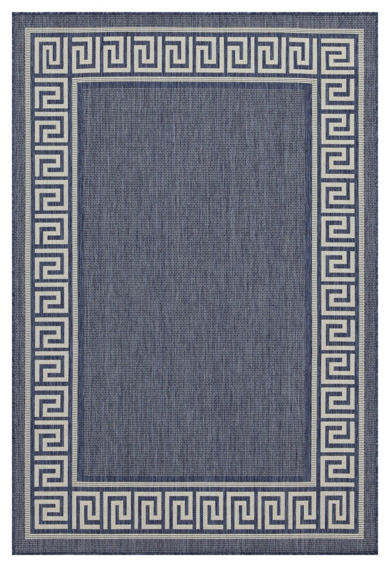 Indoor/outdoor area rug in blue with Greek key border and blue center panel