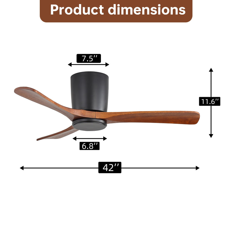 42 in ceiling fan with dark wood 3 blades; 11.6 in flush-mount height