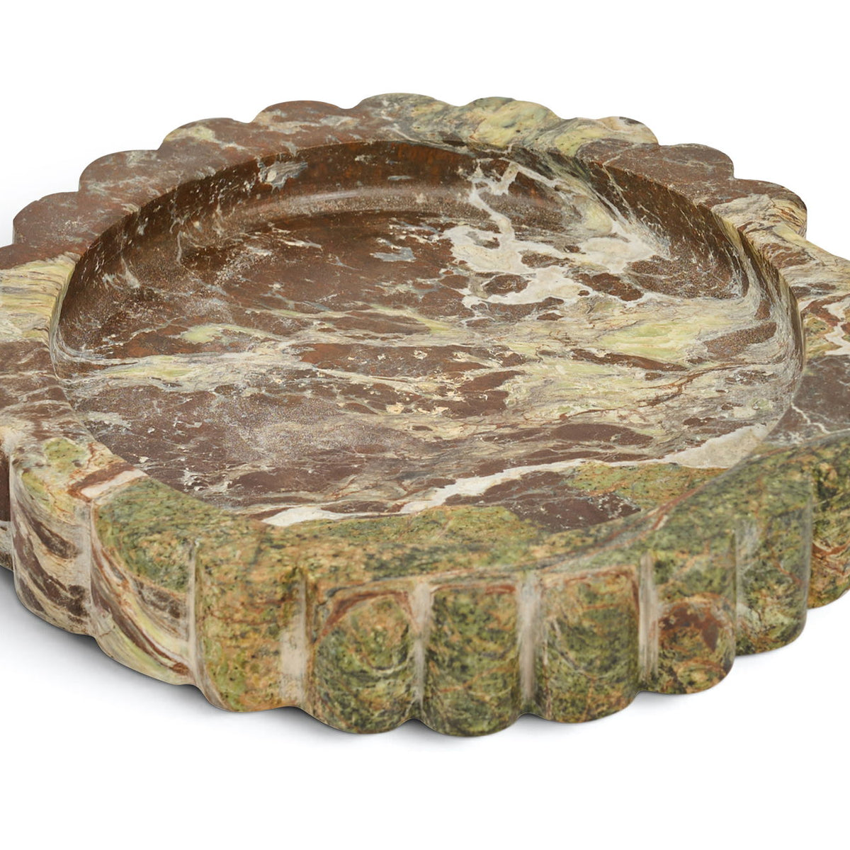 Ricardo genuine marble tray, green-brown veined scalloped round dish