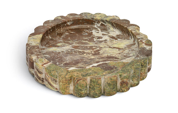 Ricardo genuine marble tray, green-brown veined scalloped round dish
