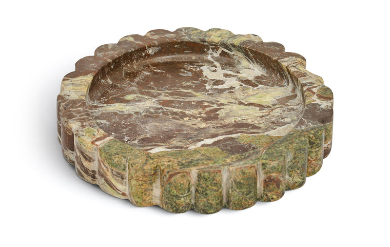 Ricardo genuine marble tray, green-brown veined scalloped round dish
