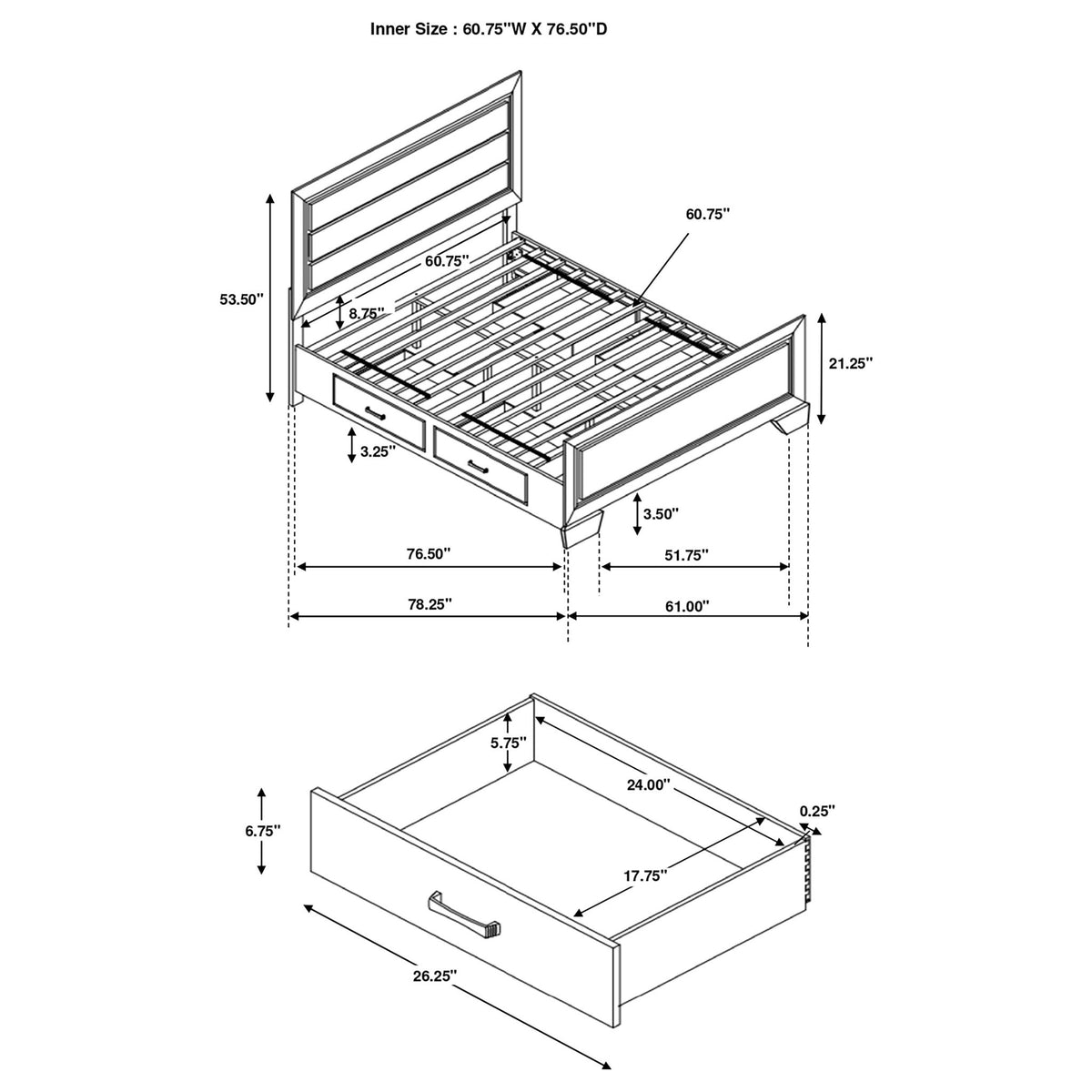 Bedroom bed dimensions diagram showing slat base and drawer layout with labeled measurements