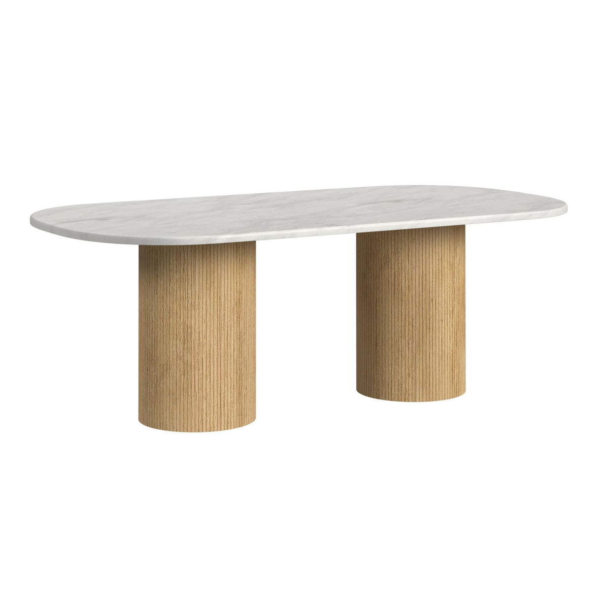 Oval dining table with light gray top and two-tone wood pedestal base