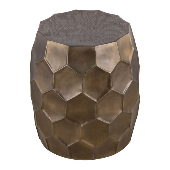 Bronze hex-pattern end table with faceted sides and dark gray textured top