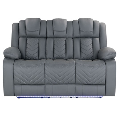 Dark gray power loveseat sofa with quilted panels, padded arms, and blue base lighting