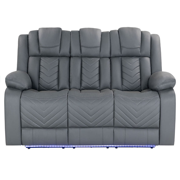 Dark gray power loveseat sofa with quilted panels, padded arms, and blue base lighting