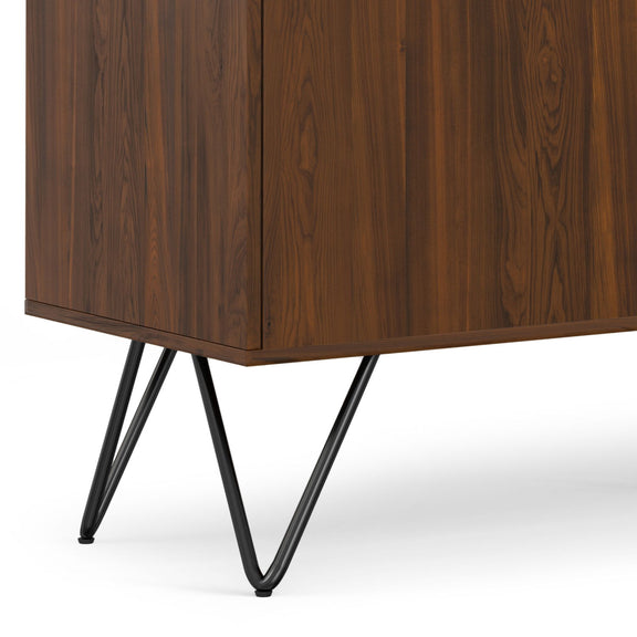 Walnut sideboard corner with black metal hairpin-style legs