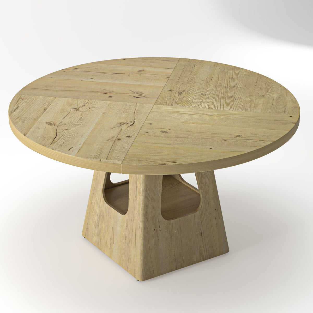 Round dining table with storage base in light wood, round top with cutout pedestal